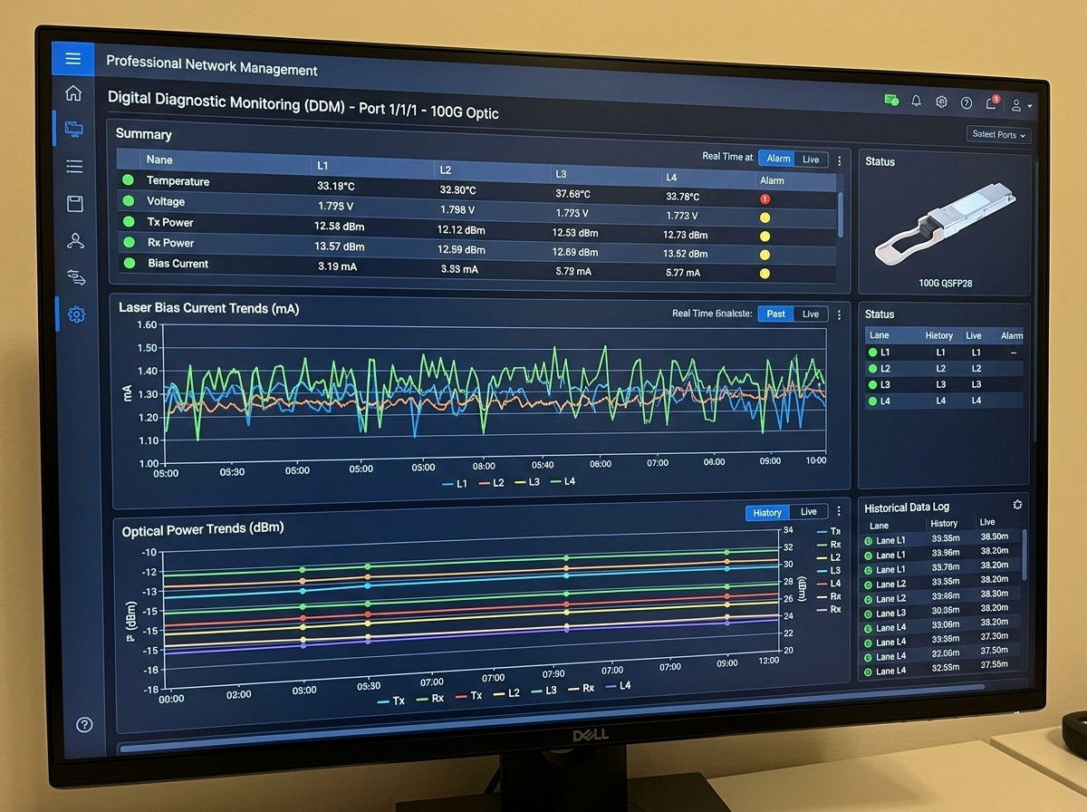 Digital Diagnostic Monitoring DDM interface showing real-time laser bias current and optical power trends for 100G optics Digital Diagnostic Monitoring DDM interface showing real-time laser bias current and optical power trends for 100G optics